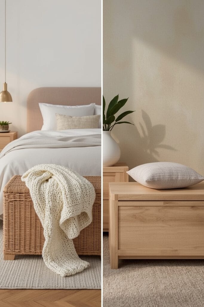 Rangement Chambre avec coffres en rotin et en bois brut dans une ambiance cosy.