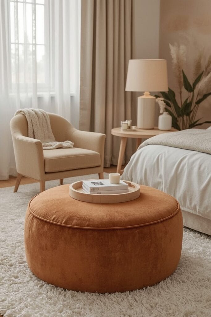 Rangement Chambre avec pouf rond de rangement en velours terracotta dans un coin lecture cosy chic.