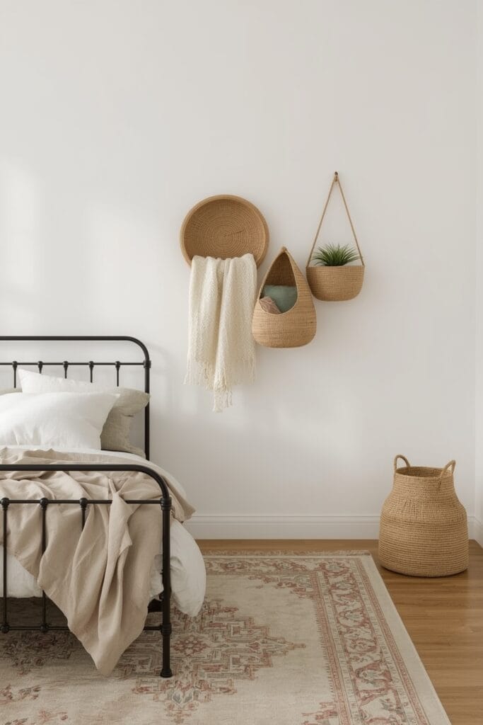 Rangement Chambre avec paniers suspendus intégrés dans une chambre campagne chic spacieuse.