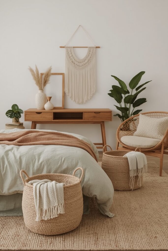 Rangement Chambre intégré dans une chambre boho chic spacieuse avec paniers en osier.