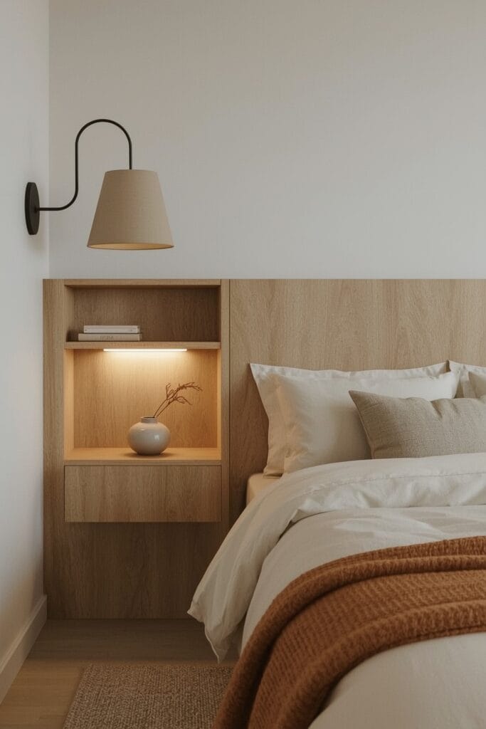 Rangement Chambre avec tête de lit design à rangements intégrés et éclairage doux.