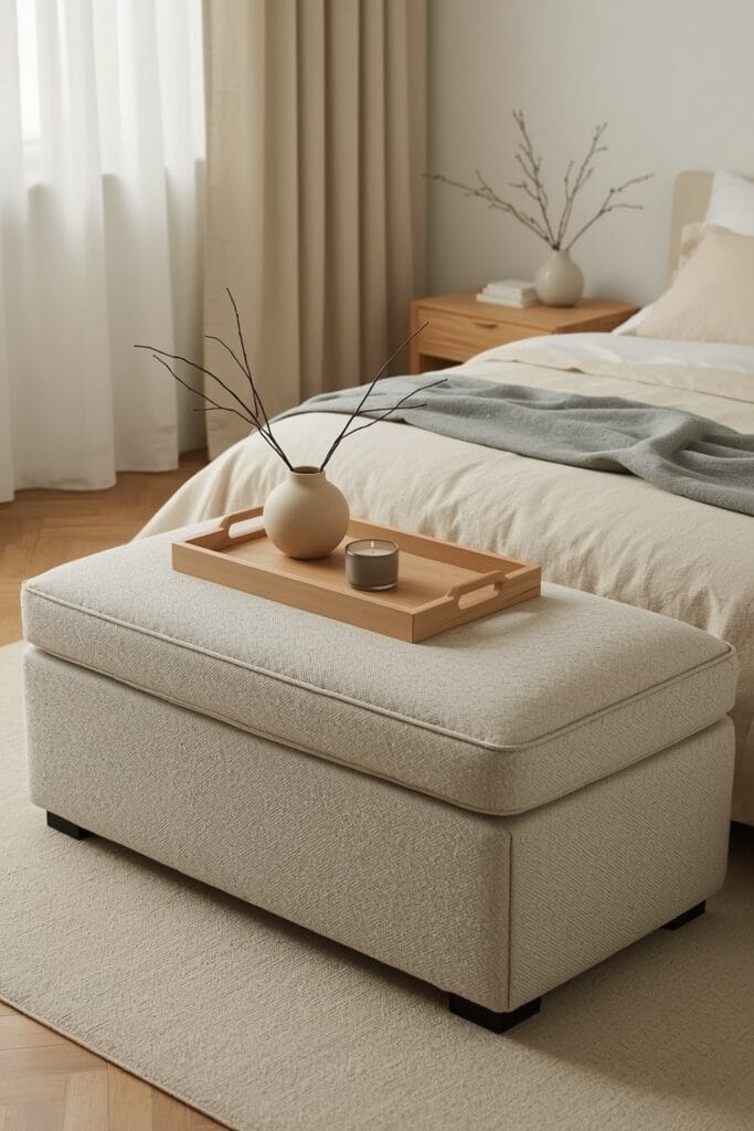 Rangement Chambre avec banc coffre en lin au pied d'un lit dans une chambre japandi.