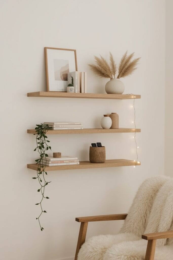 Rangement Chambre avec étagères murales en bois clair organisées de façon décorative.