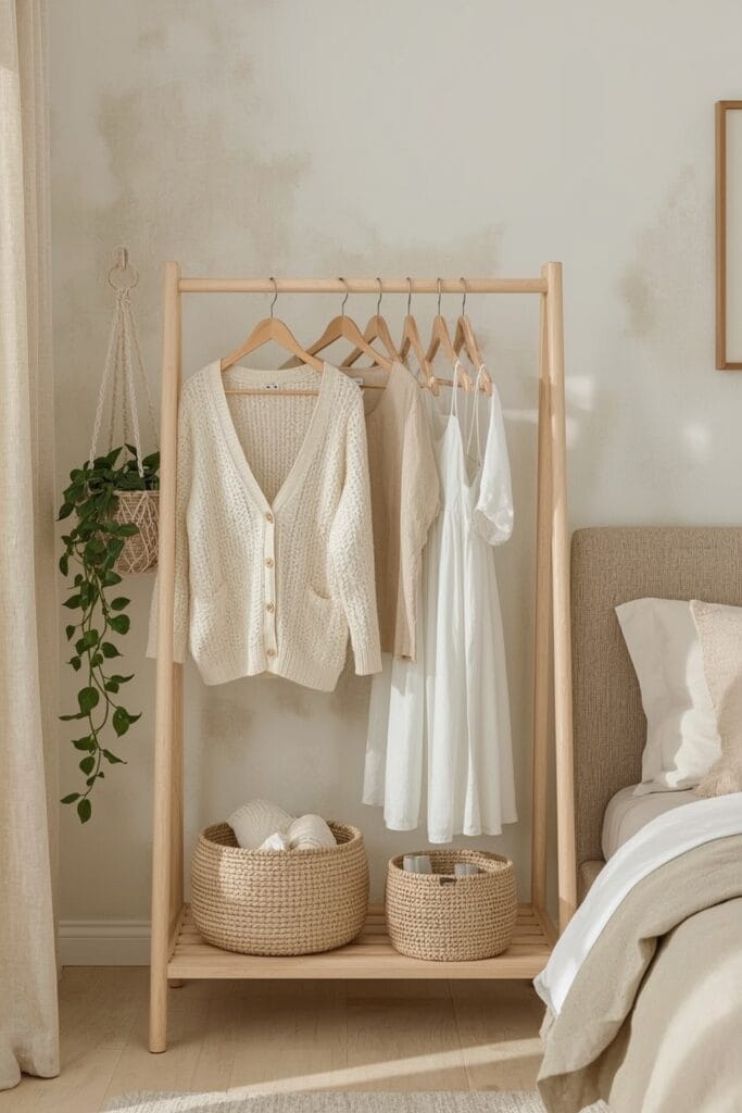 Rangement Chambre avec portant ouvert en bois et paniers en fibre naturelle dans un style campagne chic.