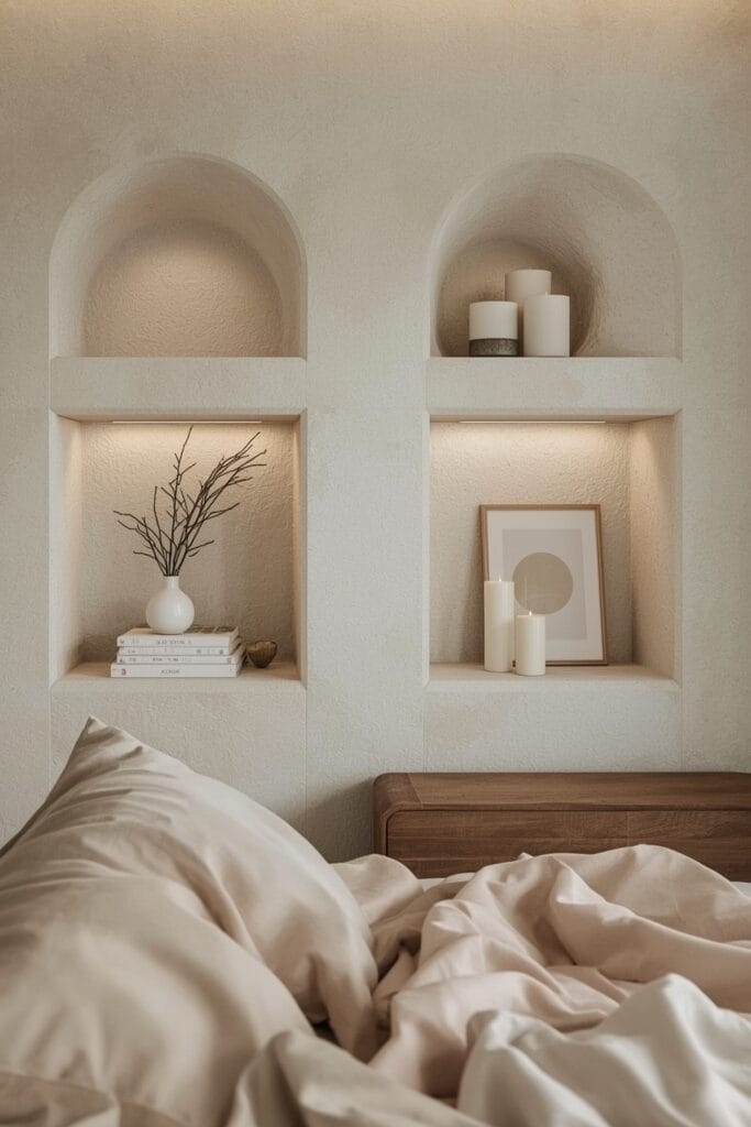 Rangement Chambre intégré avec niches murales et alcôves décoratives dans une chambre cosy chic.