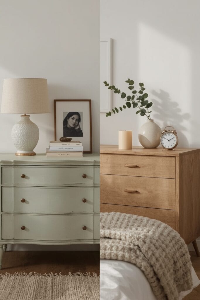 Rangement Chambre avec deux styles de commodes : vintage et scandinave, dans une ambiance cosy.
