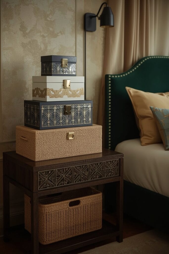 Rangement Chambre avec boîtes décoratives et paniers tressés dans un style Art Déco.