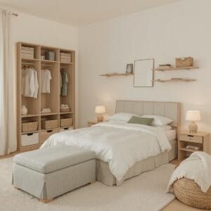 Rangement Chambre avec solutions de stockage intégrées, banc coffre, paniers en osier, tête de lit rangement et placard rideau lin dans un style cocooning.