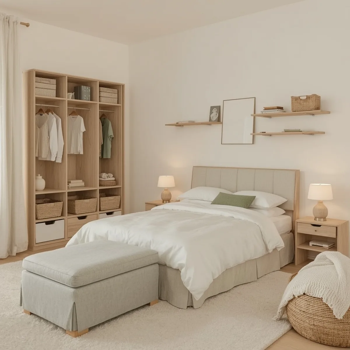Rangement Chambre avec solutions de stockage intégrées, banc coffre, paniers en osier, tête de lit rangement et placard rideau lin dans un style cocooning.