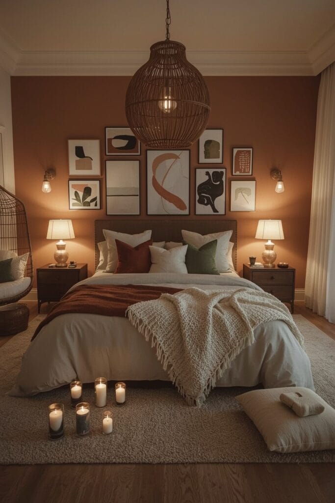 Chambre Parentale Cosy bohème avec ambiance lumineuse du soir