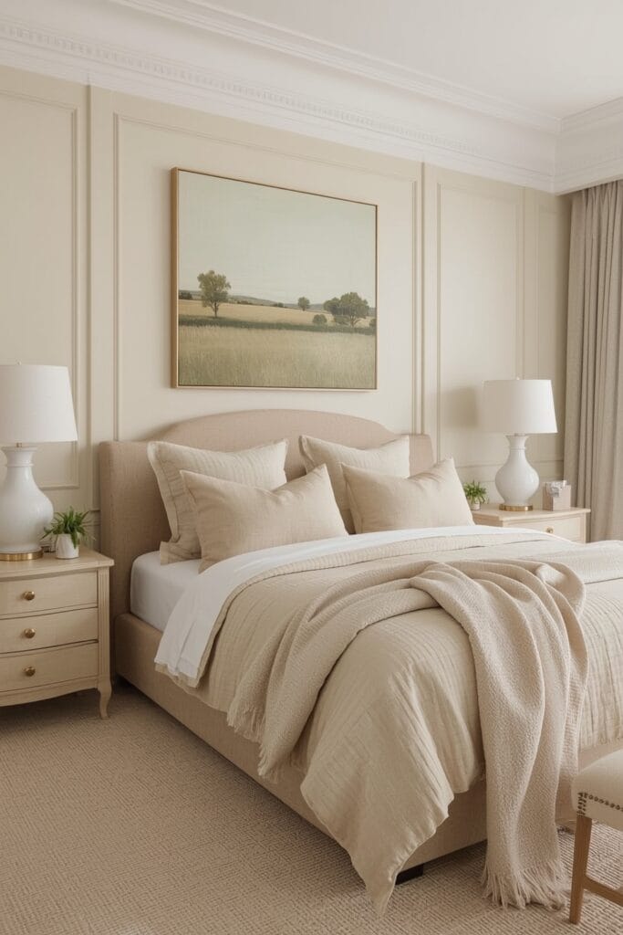 Chambre Parentale Cosy campagne chic aux couleurs apaisantes beige, lin, vert sauge et rose poudré