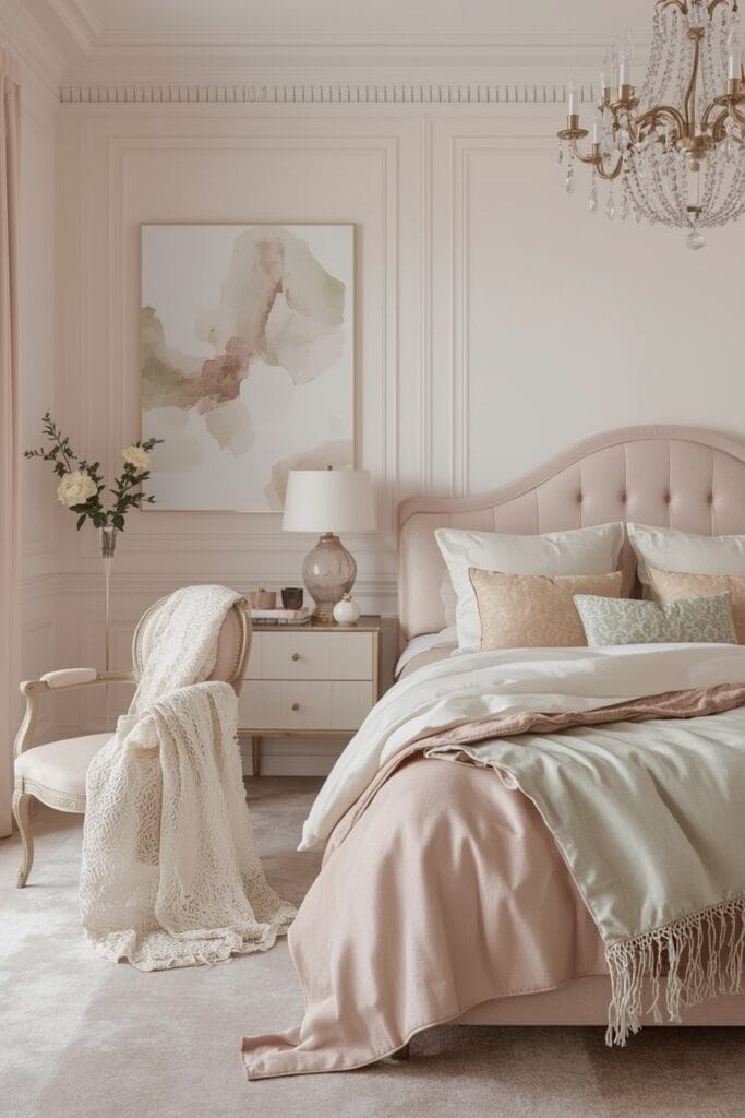 Chambre Parentale Cosy romantique aux couleurs douces rose poudré, vert sauge et ivoire chaud