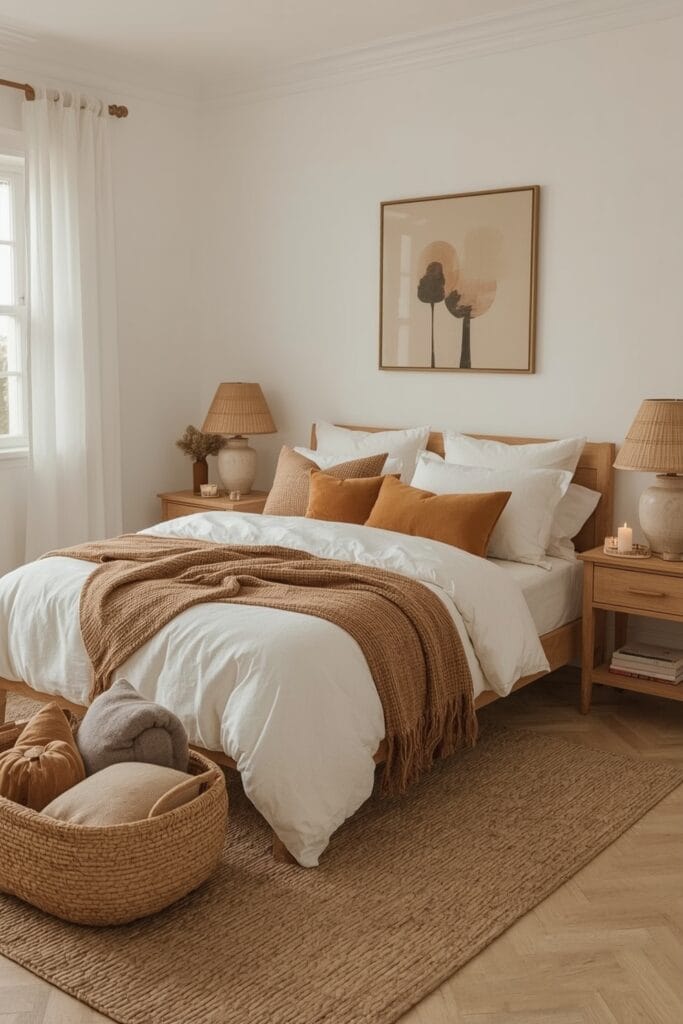 Chambre Parentale Cosy lumineuse avec lin lavé, coussins en velours, bois clair et décor harmonieux ultra cocooning.