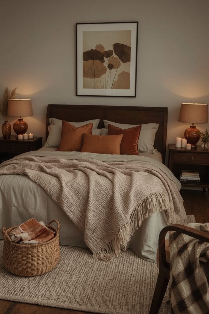 Chambre Parentale Cosy aux tons chauds avec coussins en velours, plaids tissés, lumière douce et ambiance ultra cocooning.