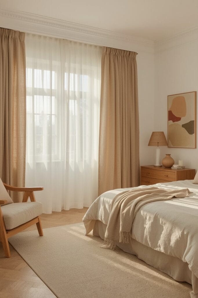 Chambre Parentale Cosy lumineuse avec voilages légers, rideaux en lin et lumière naturelle pour une ambiance feutrée.