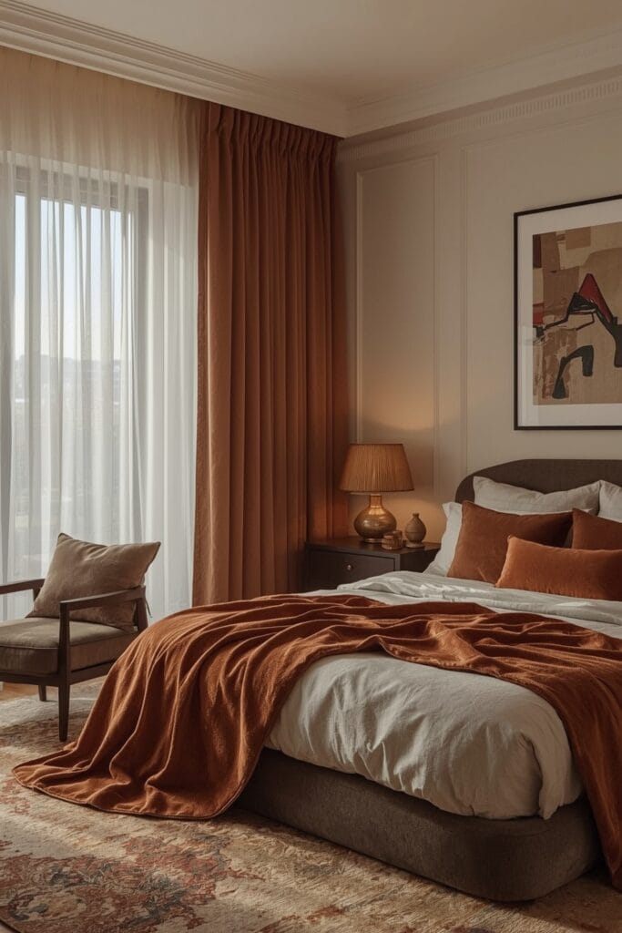 Chambre Parentale Cosy avec rideaux en velours profonds, voilages légers et lumière tamisée pour une ambiance feutrée.