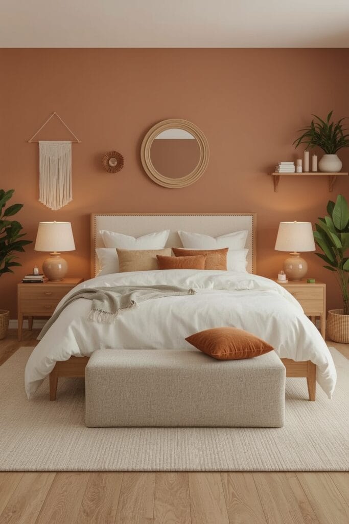 Chambre Parentale Cosy cottage avec banc au pied du lit, murs aux tons chaleureux et touches déco terracotta et vert sauge.