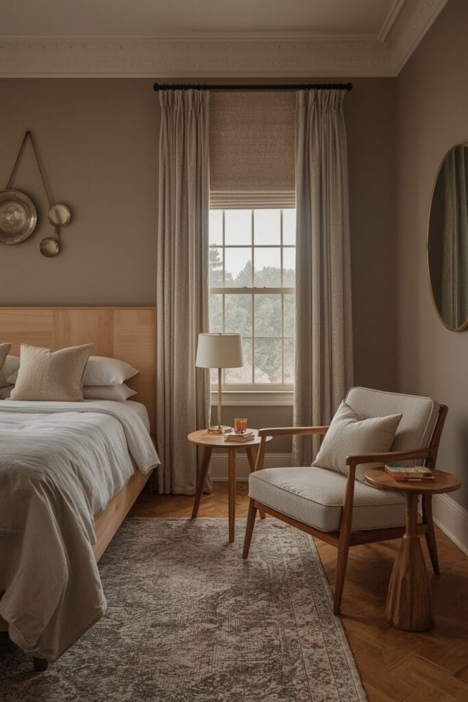 Chambre Parentale Cosy moderne avec fauteuil caramel, murs taupe et accents déco ocre et vert olive.