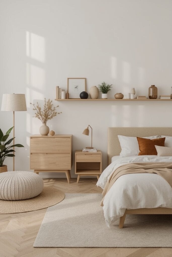 Chambre Parentale Cosy scandinave avec mobilier en bois clair, pouf moelleux et déco naturelle.
