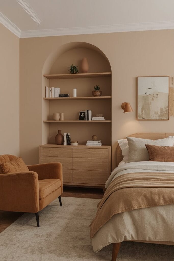 Chambre Parentale Cosy chic avec meubles en bois clair, décor raffiné et ambiance chaleureuse.