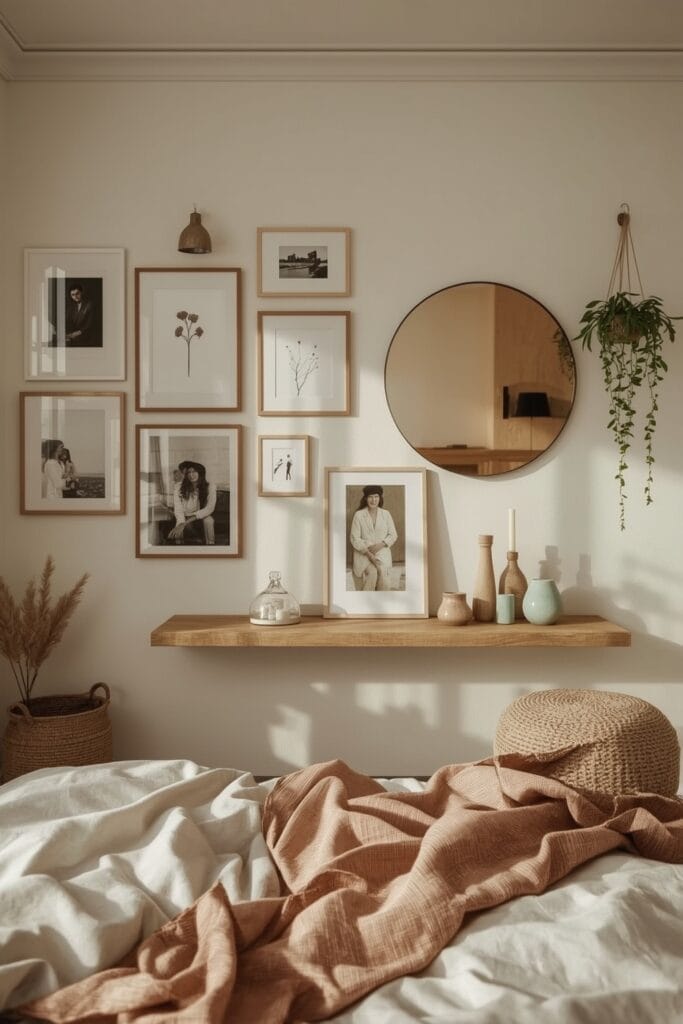 Chambre Parentale Cosy bohème avec galerie murale poétique, cadres variés et miroirs chaleureux.