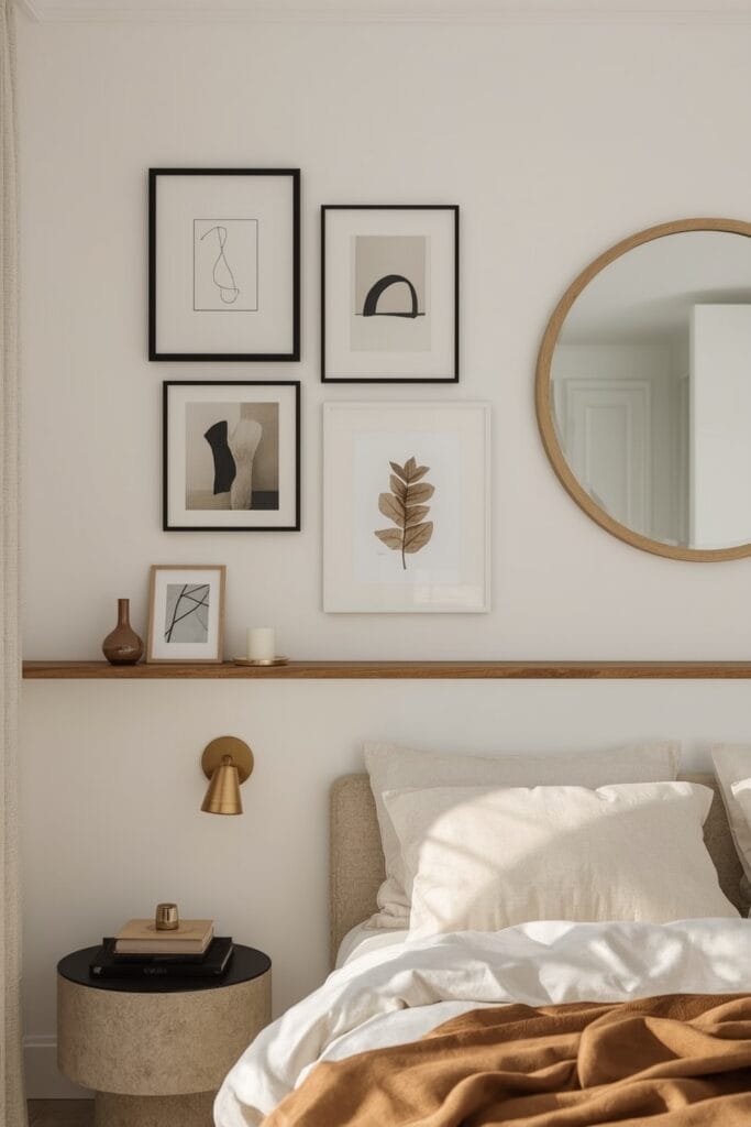 Chambre Parentale Cosy moderne avec décor mural minimaliste et touches poétiques.
