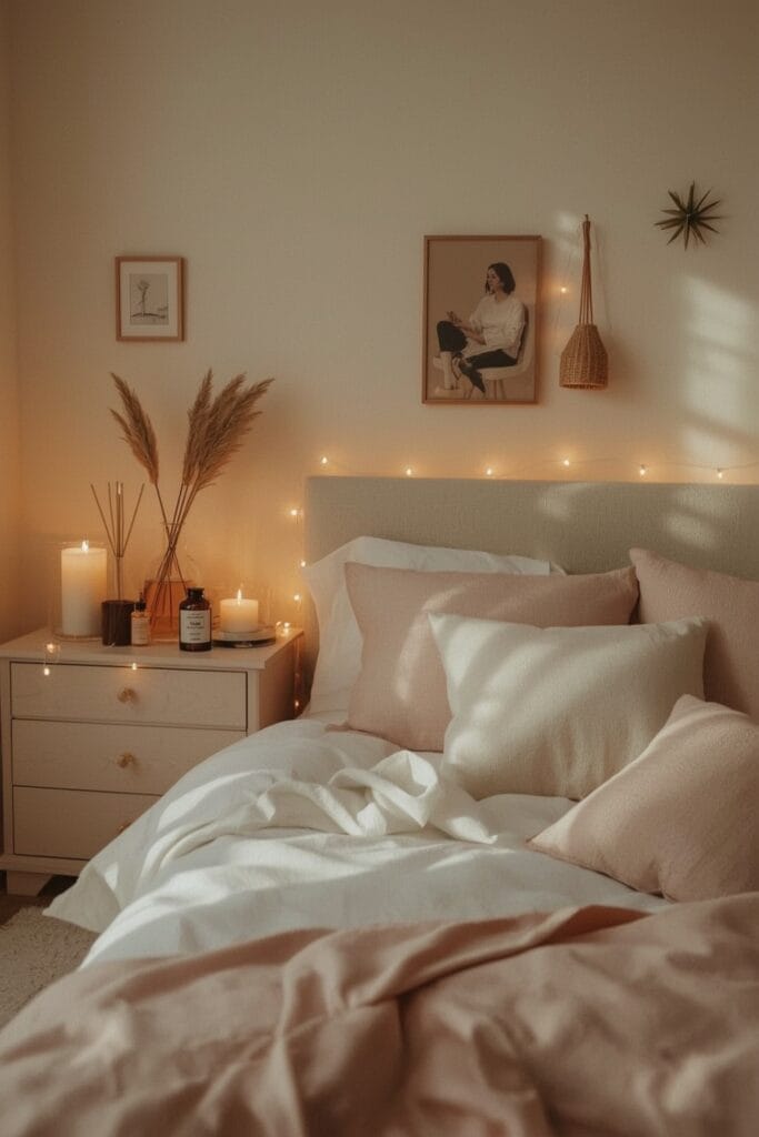 Chambre Parentale Cosy romantique avec bougies parfumées, fleurs séchées et ambiance lumineuse douce.