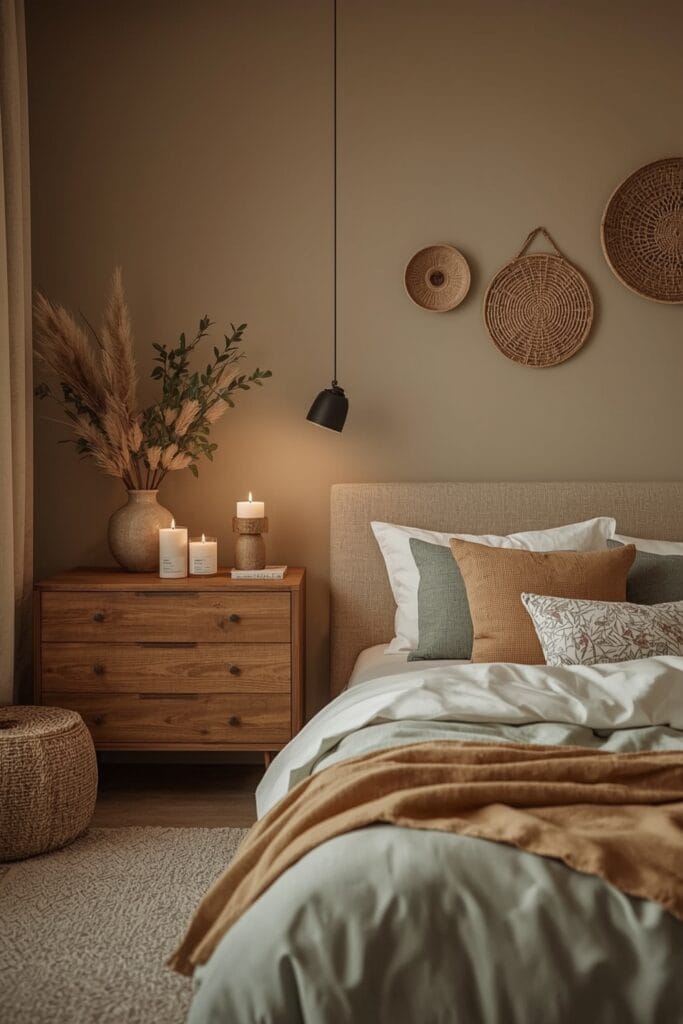 Chambre Parentale Cosy cocooning avec bougies, plantes et textures douces.