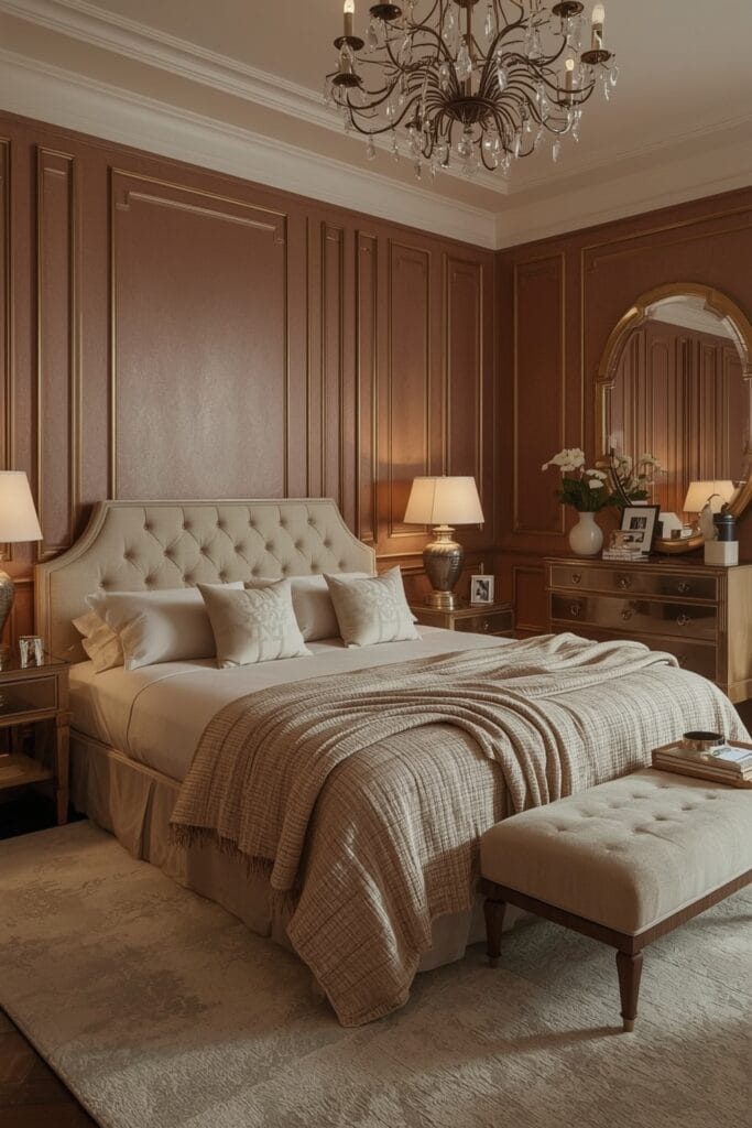 Chambre Parentale Cosy Art Déco avec lumière tamisée, tissus luxueux et touches dorées.