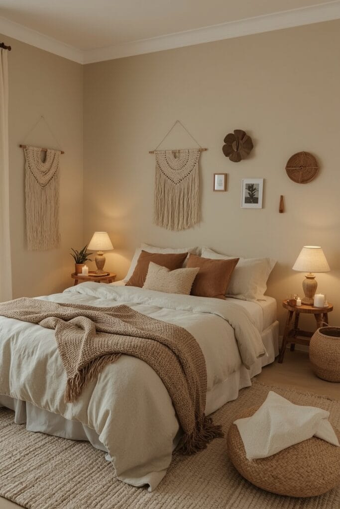 Chambre Parentale Cosy naturelle avec matières organiques et teintes douces.