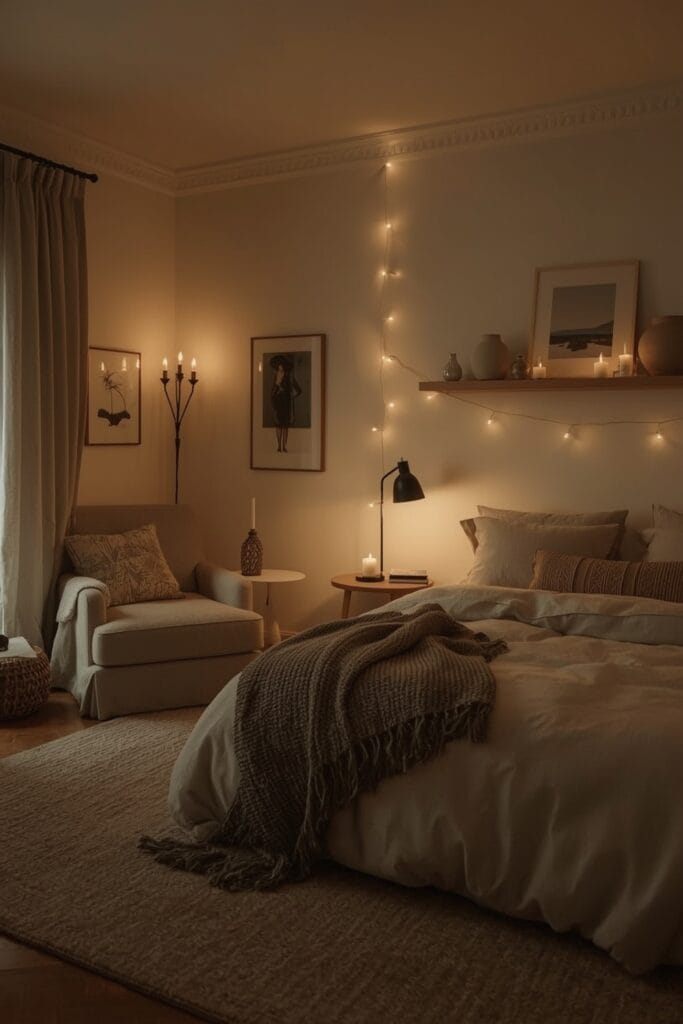 Chambre Parentale Cosy cocooning en soirée avec coin lecture et lumière tamisée.