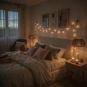 Chambre Parentale Cosy éclairée par des lumières douces en début de soirée avec guirlandes, lampes et bougies