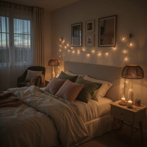 Chambre Parentale Cosy éclairée par des lumières douces en début de soirée avec guirlandes, lampes et bougies