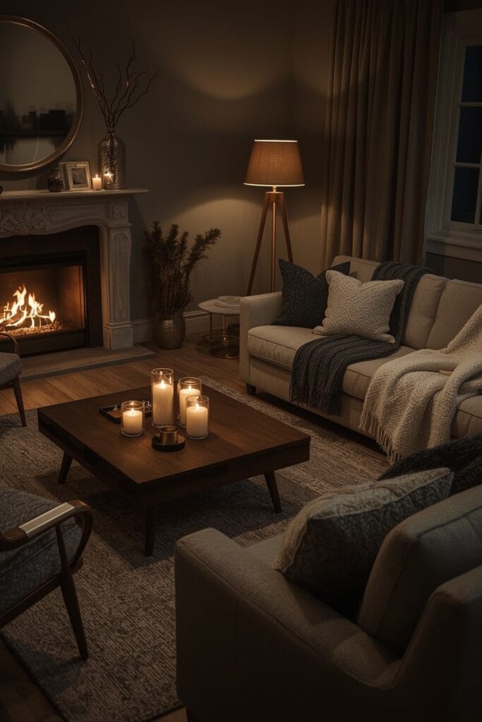 Salon d'hiver cozy avec cheminée, plaids en laine, coussins moelleux, bougies et ambiance lumineuse douce et enveloppante
