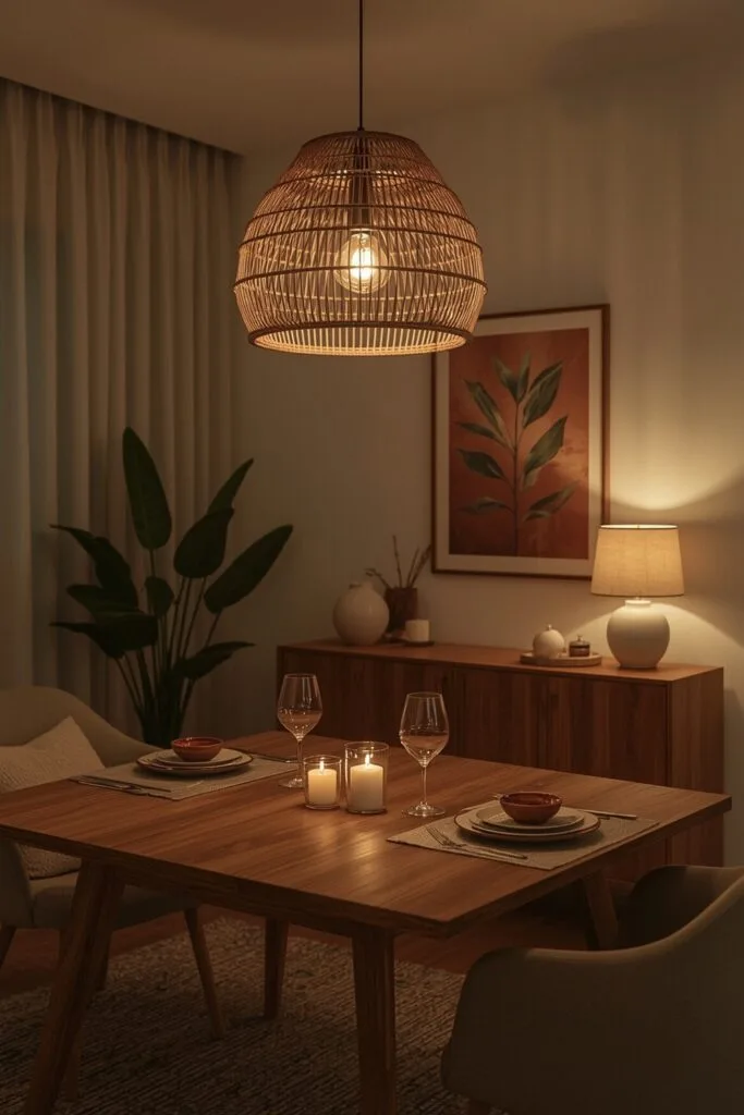 Deco Salle a Manger cosy avec éclairage doux, suspension rotin et table intimiste