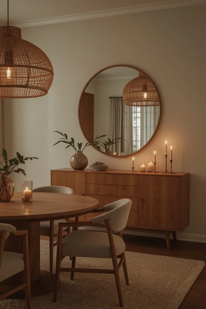 Deco Salle a Manger avec miroir rond éclairant l'espace entier, reflets et ambiance cosy