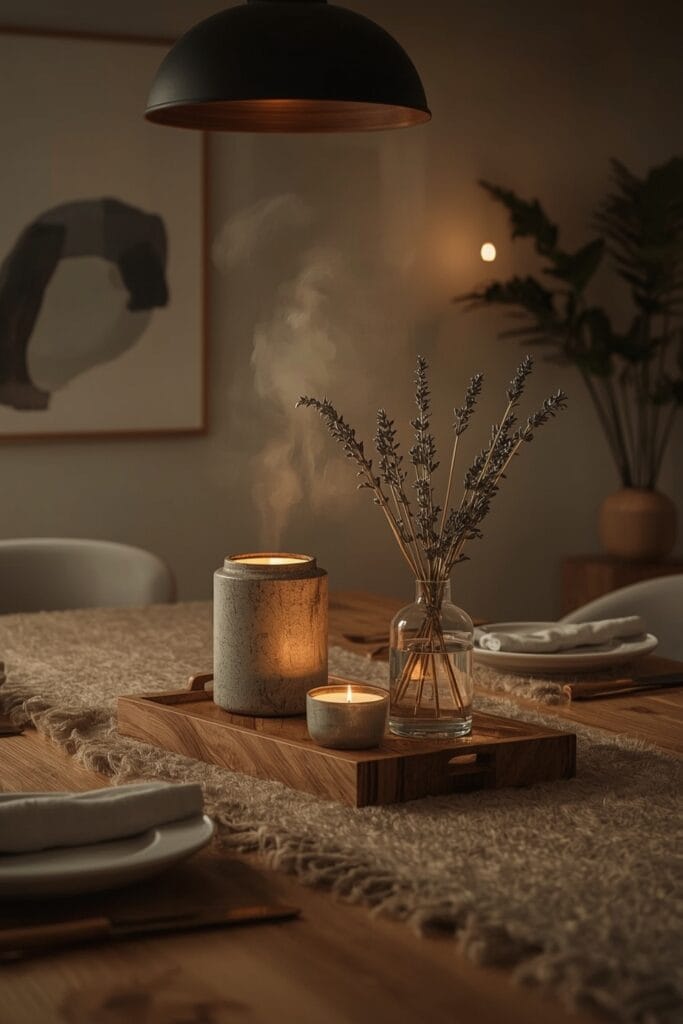 Deco Salle a Manger avec bougies parfumées, diffuseur d'huiles essentielles et bouquet séché ambiance sensorielle cosy