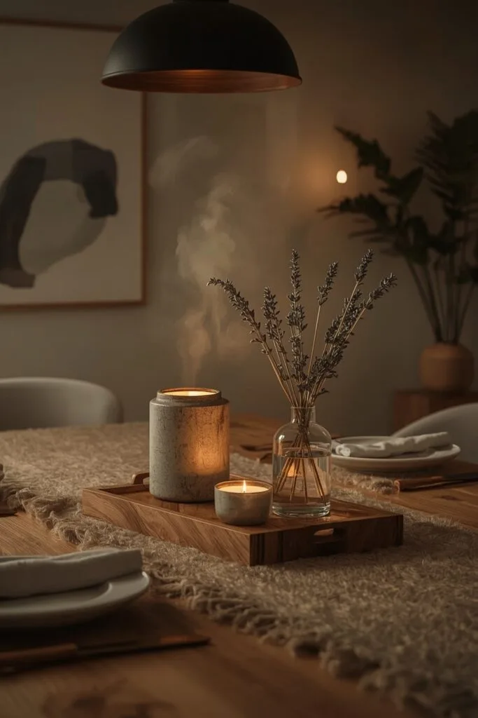 Deco Salle a Manger avec bougies parfumées, diffuseur d'huiles essentielles et bouquet séché ambiance sensorielle cosy