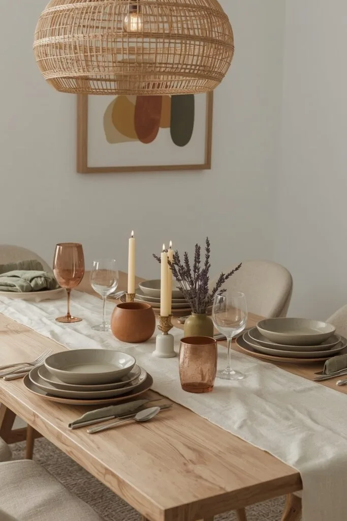 Deco Salle a Manger avec vaisselle artisanale, assiettes en grès, verres soufflés et chemin de table en lin