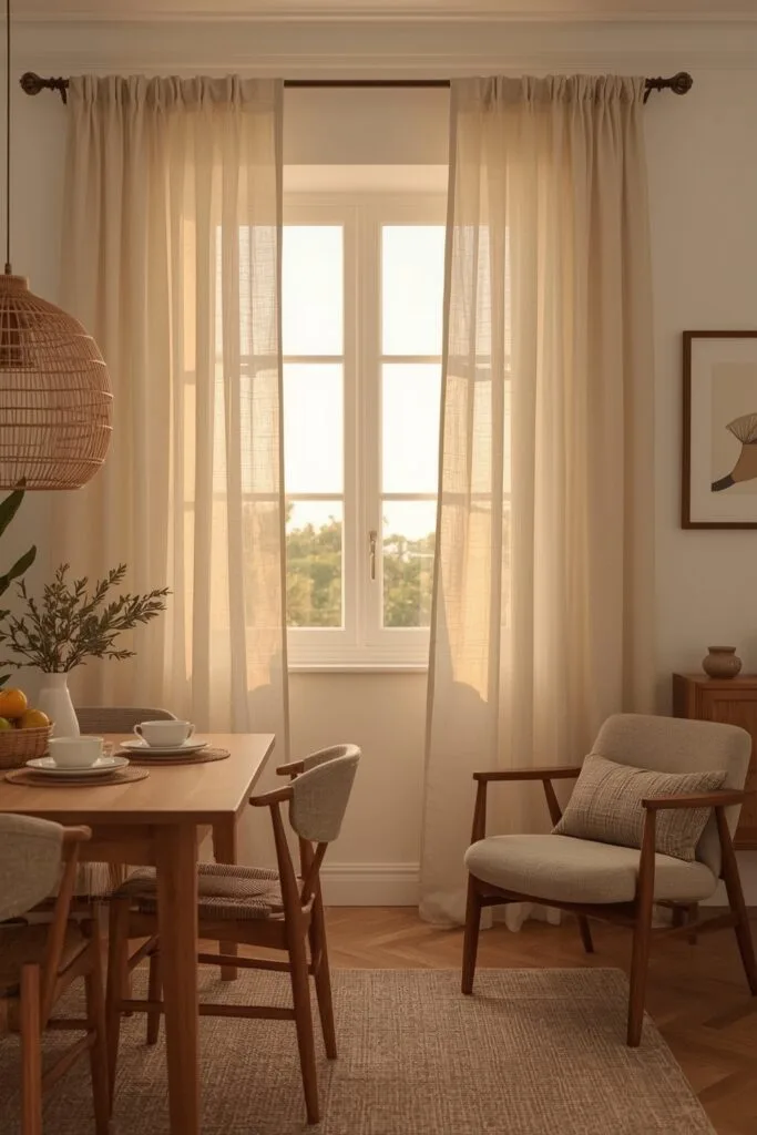 Deco Salle a Manger cosy avec rideaux en lin fluides encadrant la fenêtre, lumière douce filtrée et ambiance cocooning