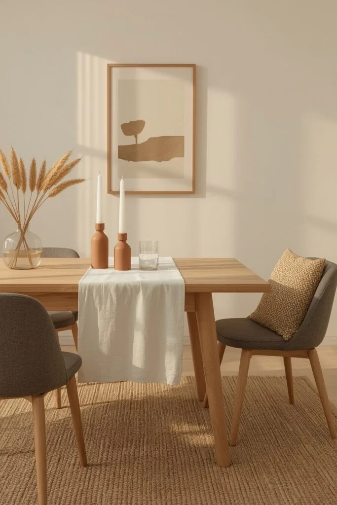Deco Salle a Manger épurée avec table bois clair, chemin de table lin, bougies et lumière naturelle