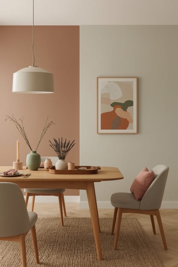 Deco Salle a Manger avec harmonie de couleurs terreuses et pastel, table en bois clair et accessoires coordonnés
