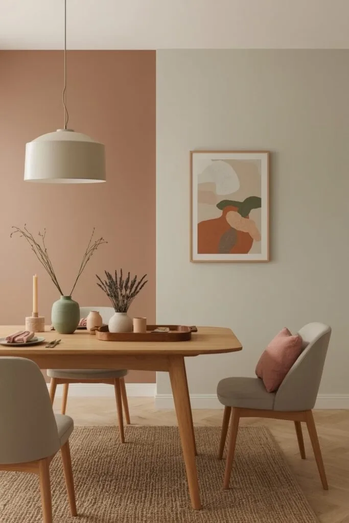 Deco Salle a Manger avec harmonie de couleurs terreuses et pastel, table en bois clair et accessoires coordonnés