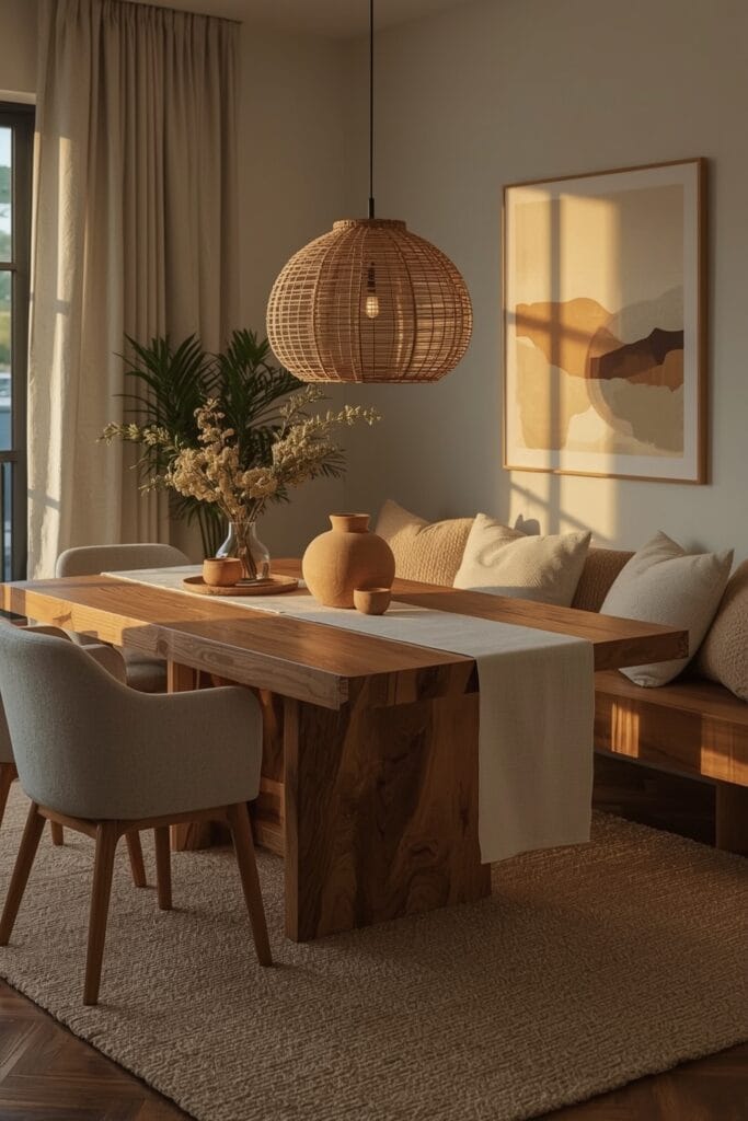 Deco Salle a Manger cosy avec table en bois naturel, banc et coussins moelleux, éclairage doré et céramique artisanale