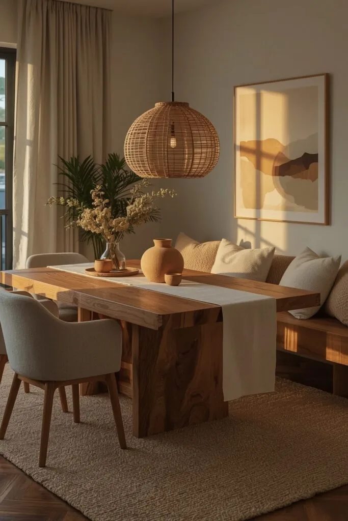 Deco Salle a Manger cosy avec table en bois naturel, banc et coussins moelleux, éclairage doré et céramique artisanale