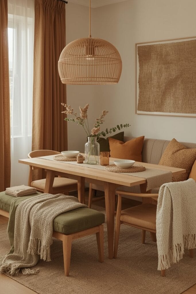 Deco Salle a Manger avec textiles doux, chemin de table lin, coussins velours et plaid tricoté ambiance cosy