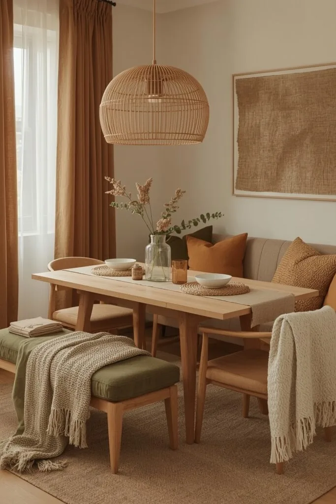 Deco Salle a Manger avec textiles doux, chemin de table lin, coussins velours et plaid tricoté ambiance cosy