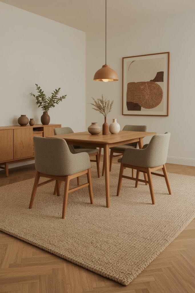 Deco Salle a Manger avec tapis en laine sous la table, délimitant un coin repas intime et cosy
