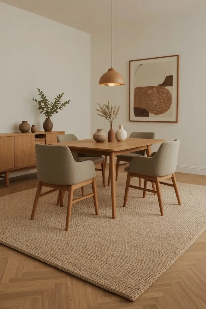 Deco Salle a Manger avec tapis en laine sous la table, délimitant un coin repas intime et cosy