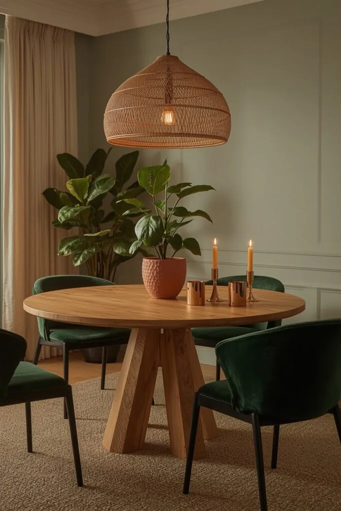 Deco Salle a Manger avec plantes vertes, ficus et herbes aromatiques dans pots naturels